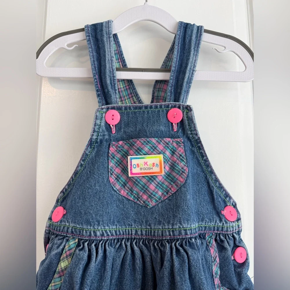 Vintage OshKosh Made in USA Girls Denim Neon Plaid Dress Size 6